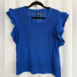 GAP Royal Blue Crochet Knit Ruffle Sleeve Top XL 100% Cotton